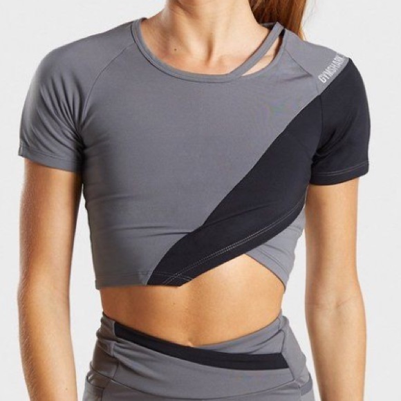 Gymshark Tops - Gymshark asymmetric crop top smokey grey black XS